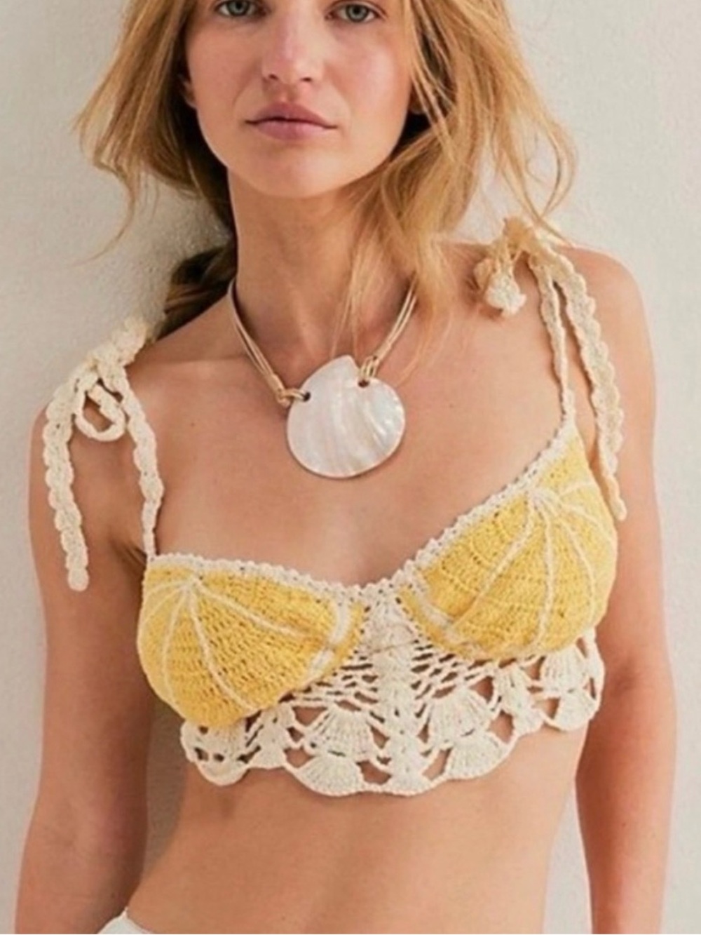 Free People Sweet On You Handmade Crochet Bra Sz Large Open Knit Lace Lemons 🍋